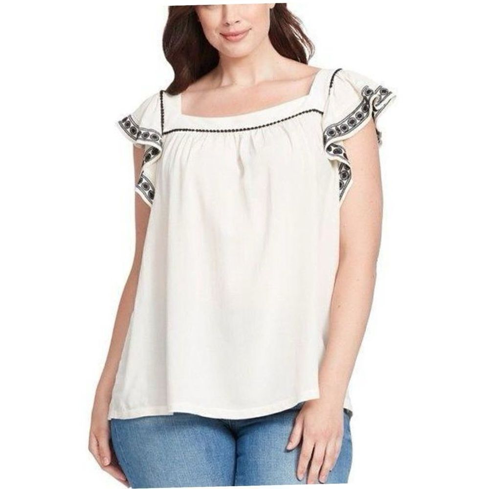 Ann Taylor LOFT White & Black Embroidered Square Neck Flutter Sleeve Top Sz 16